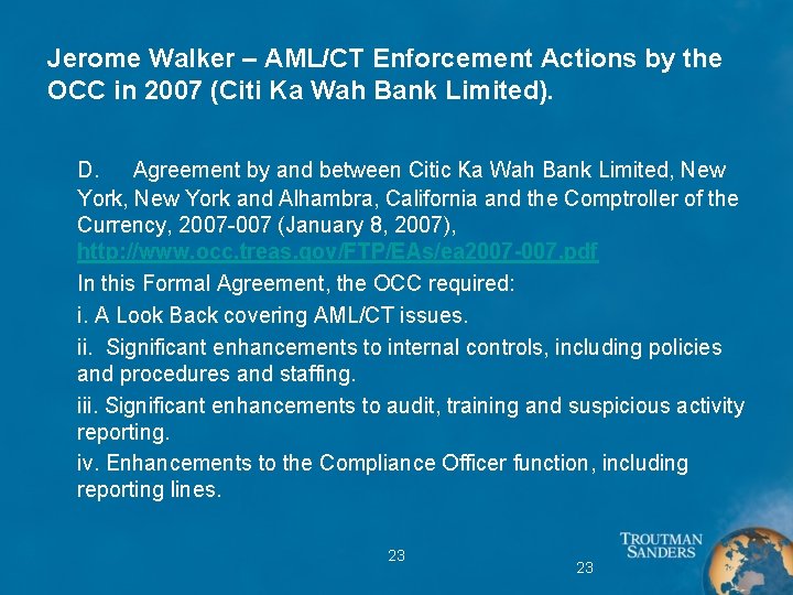 Jerome Walker – AML/CT Enforcement Actions by the OCC in 2007 (Citi Ka Wah