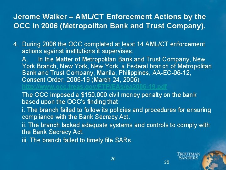 Jerome Walker – AML/CT Enforcement Actions by the OCC in 2006 (Metropolitan Bank and