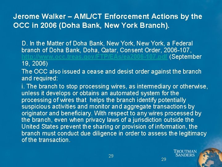 Jerome Walker – AML/CT Enforcement Actions by the OCC in 2006 (Doha Bank, New