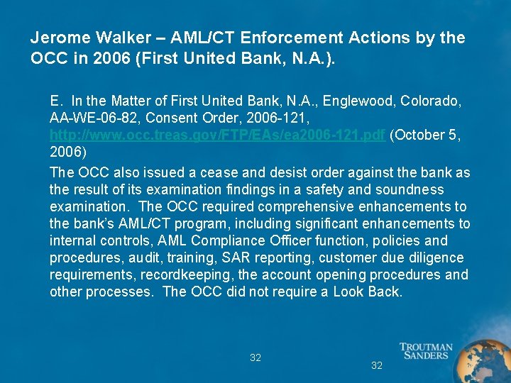 Jerome Walker – AML/CT Enforcement Actions by the OCC in 2006 (First United Bank,