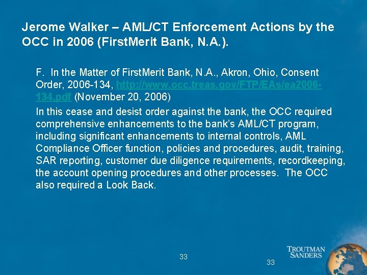 Jerome Walker – AML/CT Enforcement Actions by the OCC in 2006 (First. Merit Bank,
