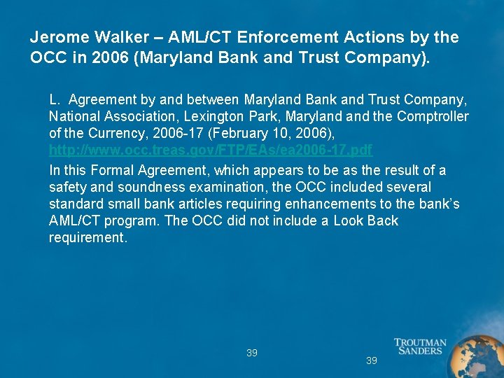 Jerome Walker – AML/CT Enforcement Actions by the OCC in 2006 (Maryland Bank and