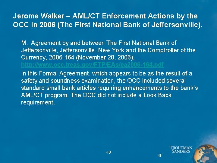 Jerome Walker – AML/CT Enforcement Actions by the OCC in 2006 (The First National