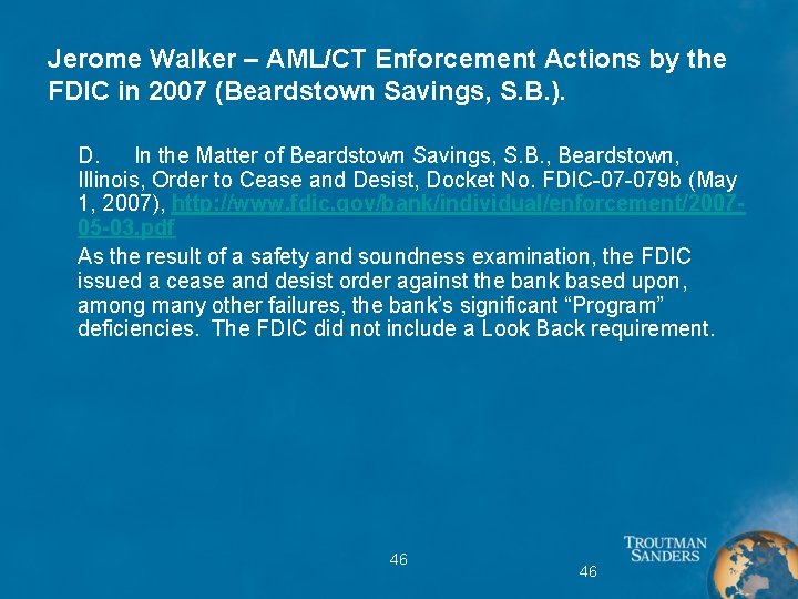 Jerome Walker – AML/CT Enforcement Actions by the FDIC in 2007 (Beardstown Savings, S.