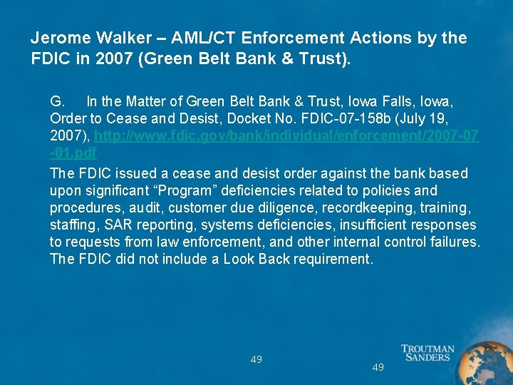 Jerome Walker – AML/CT Enforcement Actions by the FDIC in 2007 (Green Belt Bank