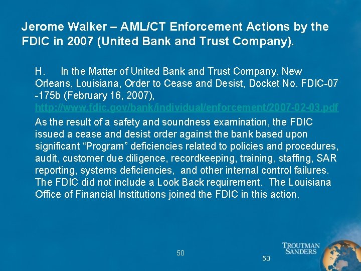 Jerome Walker – AML/CT Enforcement Actions by the FDIC in 2007 (United Bank and