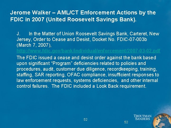 Jerome Walker – AML/CT Enforcement Actions by the FDIC in 2007 (United Roosevelt Savings