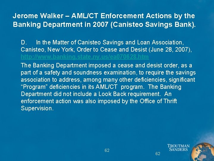 Jerome Walker – AML/CT Enforcement Actions by the Banking Department in 2007 (Canisteo Savings