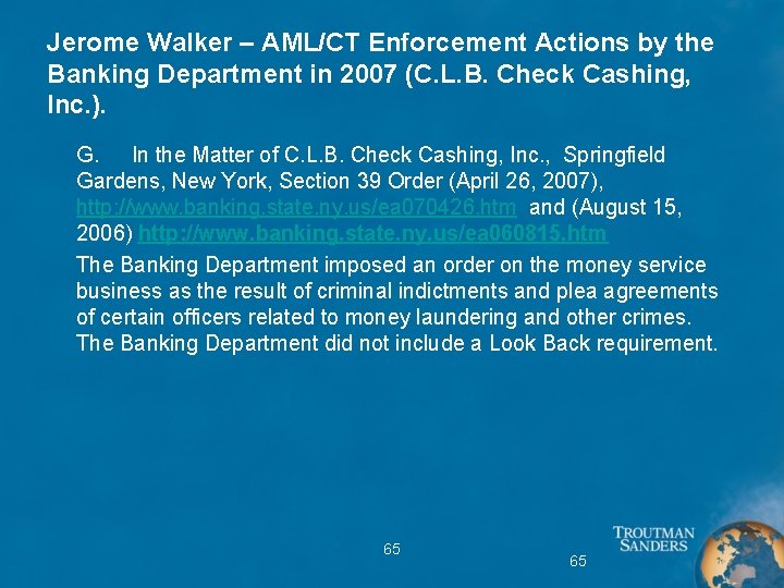 Jerome Walker – AML/CT Enforcement Actions by the Banking Department in 2007 (C. L.