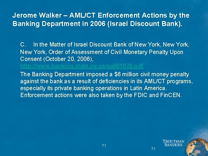 Jerome Walker – AML/CT Enforcement Actions by the Banking Department in 2006 (Israel Discount