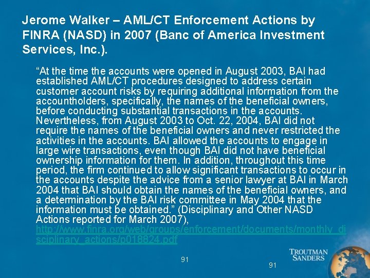 Jerome Walker – AML/CT Enforcement Actions by FINRA (NASD) in 2007 (Banc of America