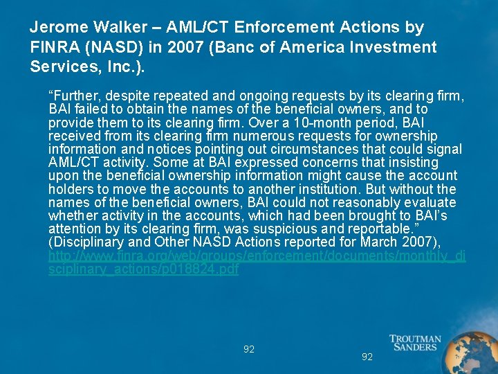 Jerome Walker – AML/CT Enforcement Actions by FINRA (NASD) in 2007 (Banc of America