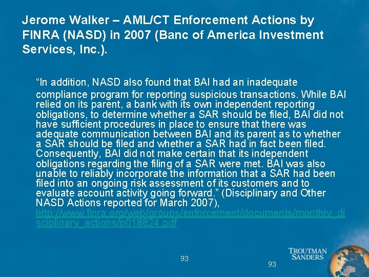 Jerome Walker – AML/CT Enforcement Actions by FINRA (NASD) in 2007 (Banc of America