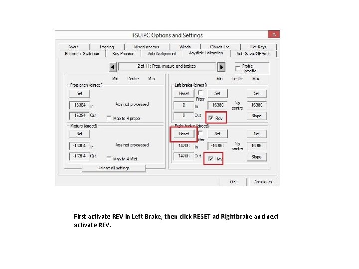 First activate REV in Left Brake, then click RESET ad Rightbrake and next activate