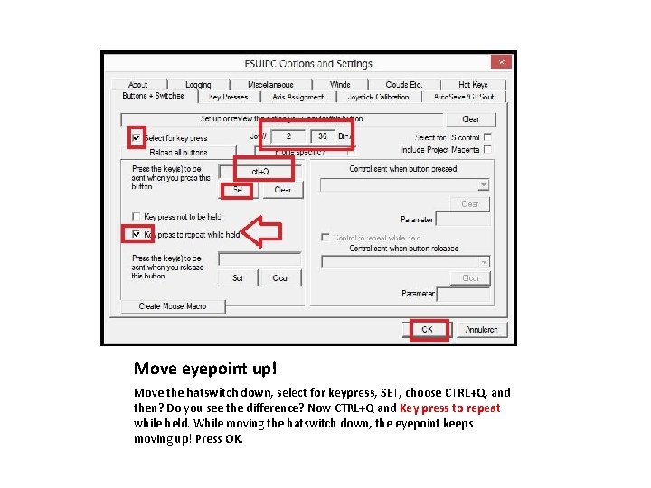 Move eyepoint up! Move the hatswitch down, select for keypress, SET, choose CTRL+Q, and