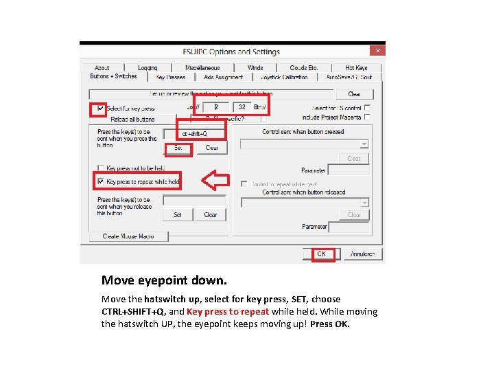 Move eyepoint down. Move the hatswitch up, select for key press, SET, choose CTRL+SHIFT+Q,