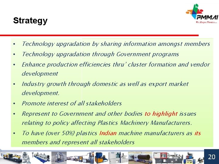 Strategy • Technology upgradation by sharing information amongst members • Technology upgradation through Government