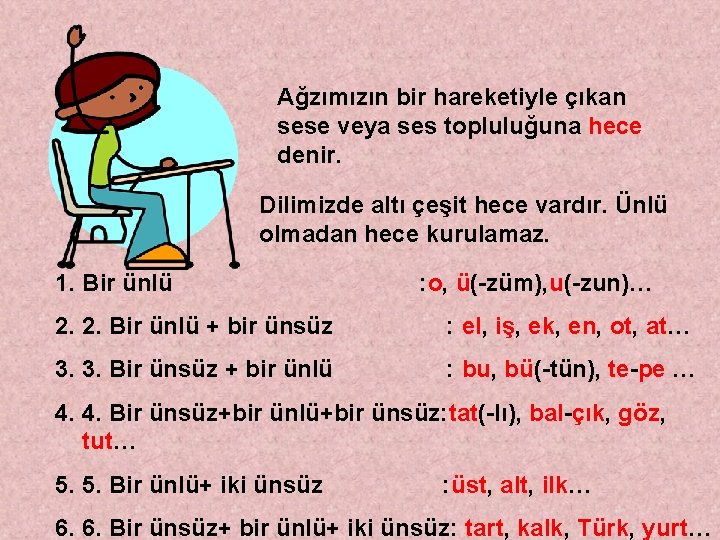 Ağzımızın bir hareketiyle çıkan sese veya ses topluluğuna hece denir. Dilimizde altı çeşit hece