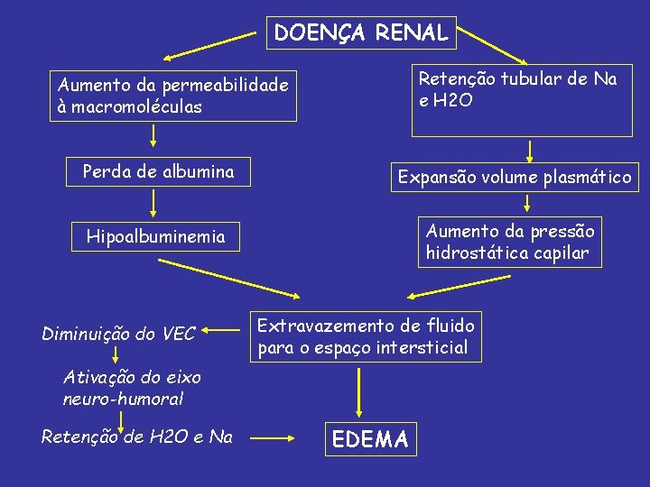 DOENÇA RENAL Retenção tubular de Na e H 2 O Aumento da permeabilidade à