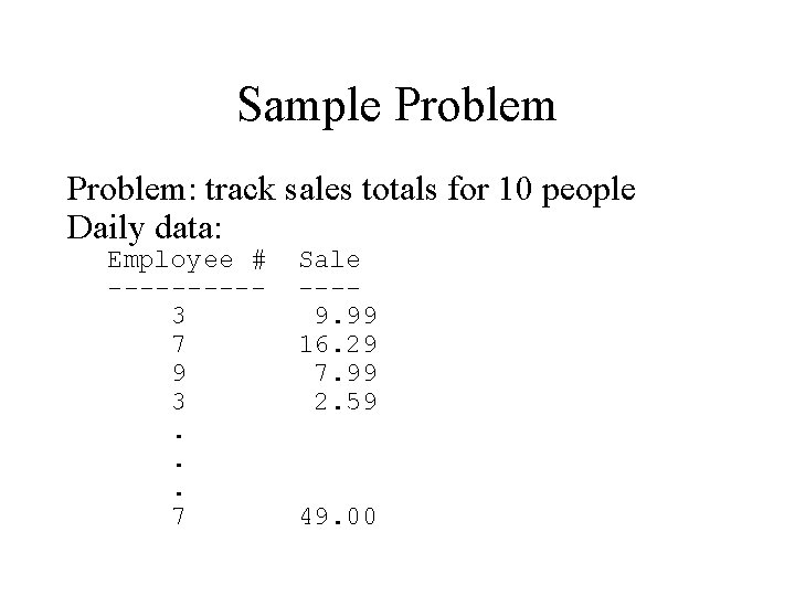 Sample Problem: track sales totals for 10 people Daily data: Employee # -----3 7