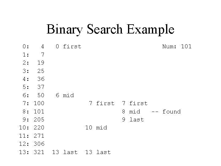 Binary Search Example 0: 1: 2: 3: 4: 5: 6: 7: 8: 9: 10: