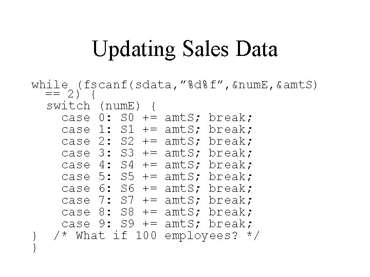 Updating Sales Data while (fscanf(sdata, ”%d%f”, &num. E, &amt. S) == 2) { switch