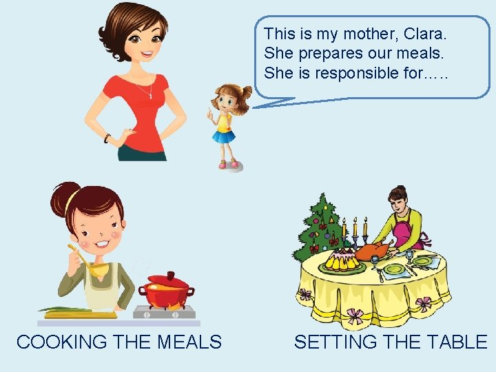 This is my mother, Clara. She prepares our meals. She is responsible for…. .