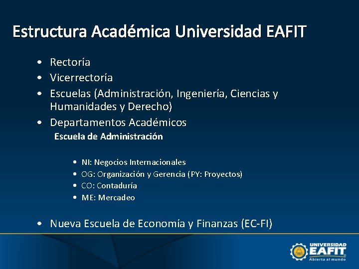 Estructura Académica Universidad EAFIT • • • Rectoría Vicerrectoría Escuelas (Administración, Ingeniería, Ciencias y