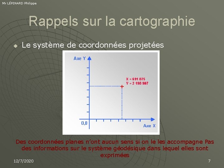 Mr LÉPINARD Philippe Rappels sur la cartographie u Le système de coordonnées projetées Des