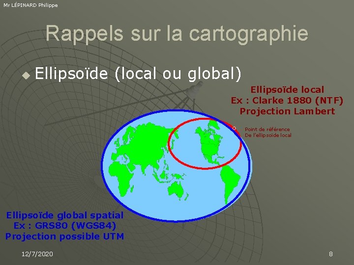 Mr LÉPINARD Philippe Rappels sur la cartographie u Ellipsoïde (local ou global) Ellipsoïde local