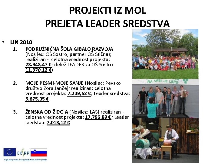 PROJEKTI IZ MOL PREJETA LEADER SREDSTVA • LIN 2010 1. PODRUŽNIČNA ŠOLA GIBALO RAZVOJA