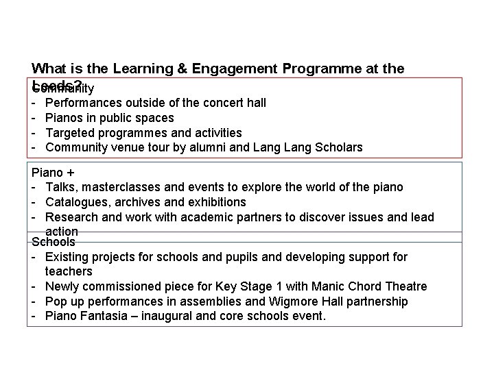 What is the Learning & Engagement Programme at the Leeds? Community - Performances outside