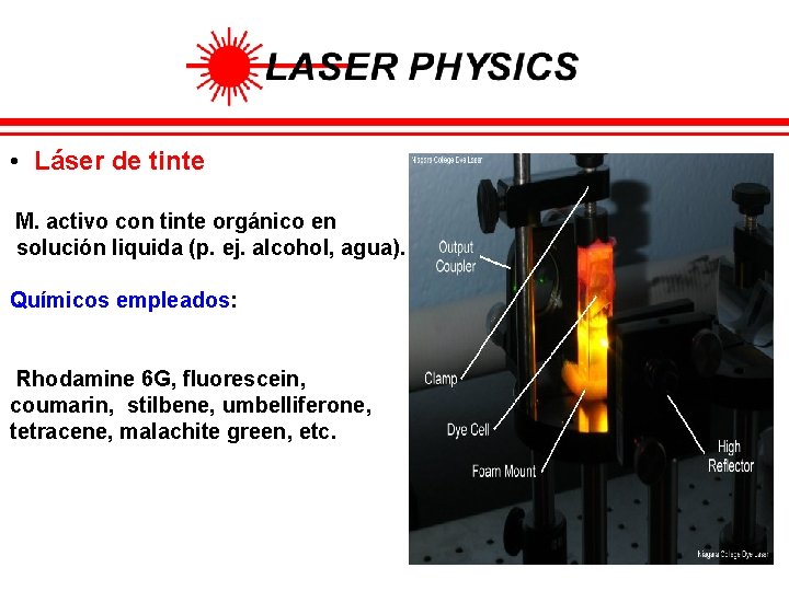  • Láser de tinte M. activo con tinte orgánico en solución liquida (p.