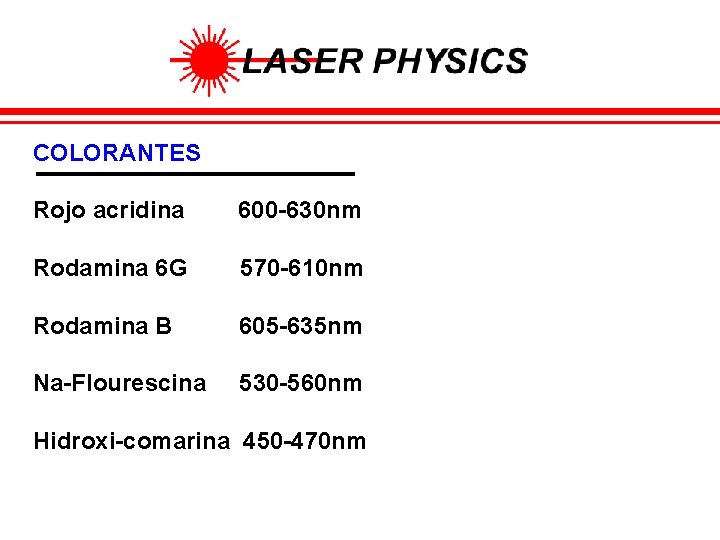 COLORANTES Rojo acridina 600 -630 nm Rodamina 6 G 570 -610 nm Rodamina B
