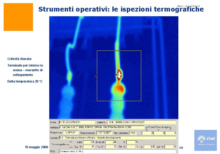 Uso: USO AZIENDALE Strumenti operativi: le ispezioni termografiche Criticità rilevata: Terminale per interno in