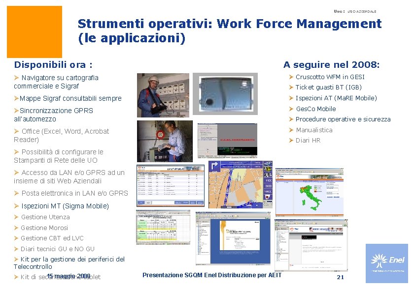 Uso: USO AZIENDALE Strumenti operativi: Work Force Management (le applicazioni) Disponibili ora : A