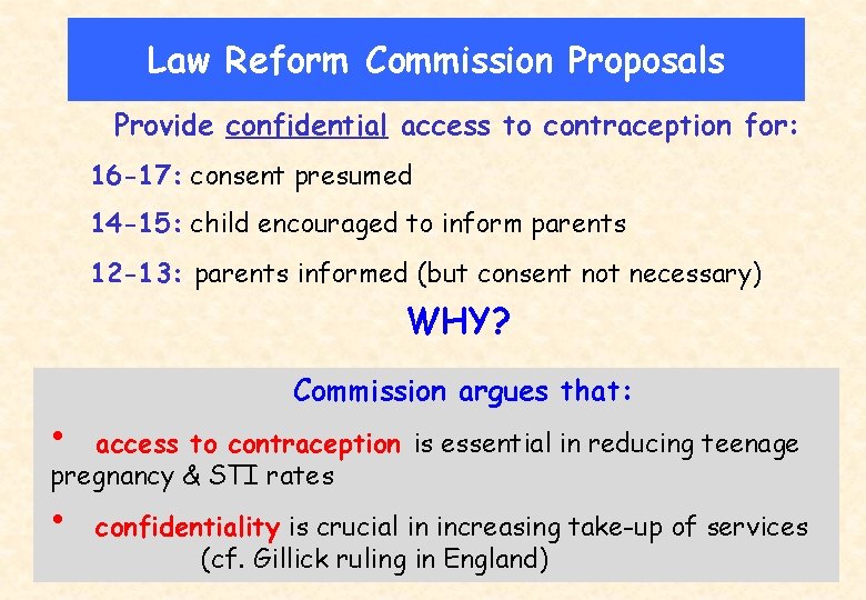 Law Reform Commission Proposals Provide confidential access to contraception for: 16 -17: consent presumed