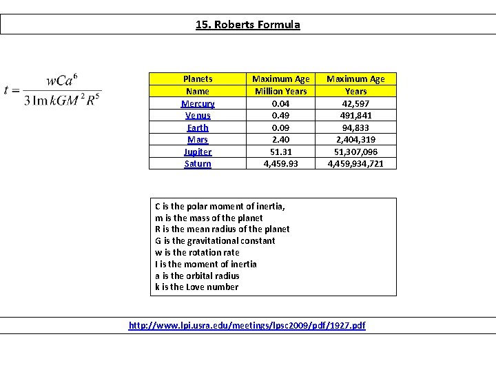 15. Roberts Formula Planets Name Mercury Venus Earth Mars Jupiter Saturn Maximum Age Million