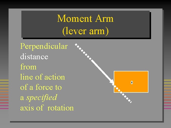 Moment Arm (lever arm) Perpendicular distance from line of action of a force to