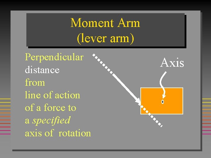 Moment Arm (lever arm) Perpendicular distance from line of action of a force to