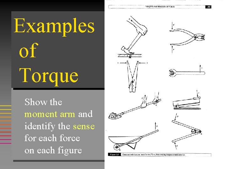 Examples of Torque Show the moment arm and identify the sense for each force