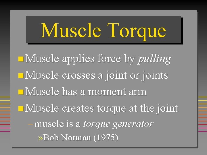 Muscle Torque n Muscle applies force by pulling n Muscle crosses a joint or