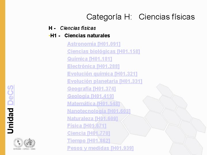 Categoría H: Ciencias físicas Unidad De. CS H - Ciencias físicas • H 1