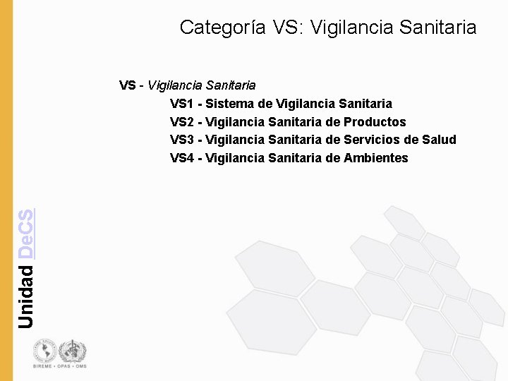 Categoría VS: Vigilancia Sanitaria Unidad De. CS VS - Vigilancia Sanitaria VS 1 -