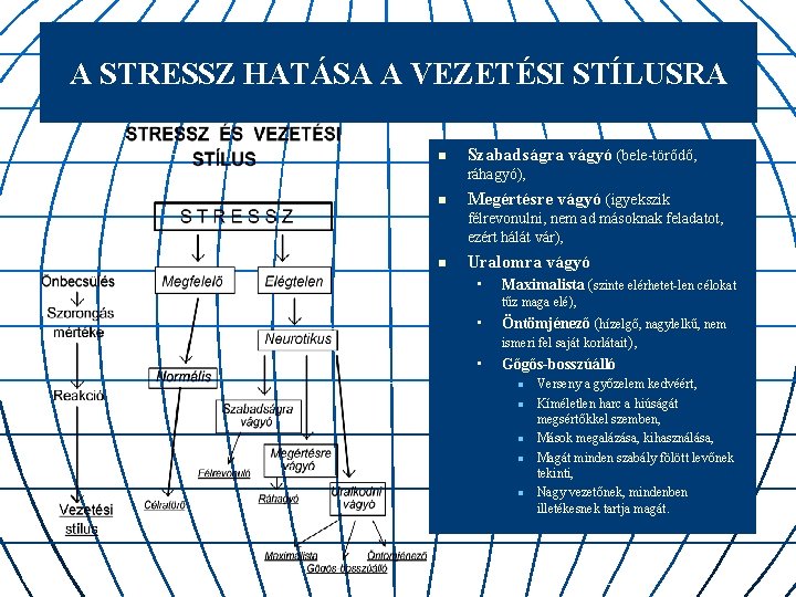 A STRESSZ HATÁSA A VEZETÉSI STÍLUSRA n Szabadságra vágyó (bele-törődő, ráhagyó), n Megértésre vágyó