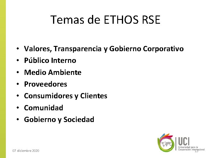 Temas de ETHOS RSE • • Valores, Transparencia y Gobierno Corporativo Público Interno Medio