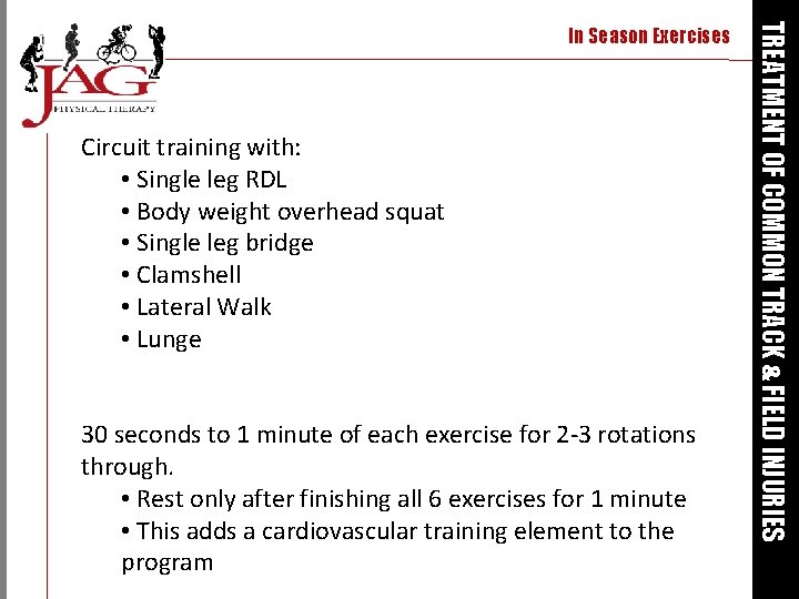 Circuit training with: • Single leg RDL • Body weight overhead squat • Single