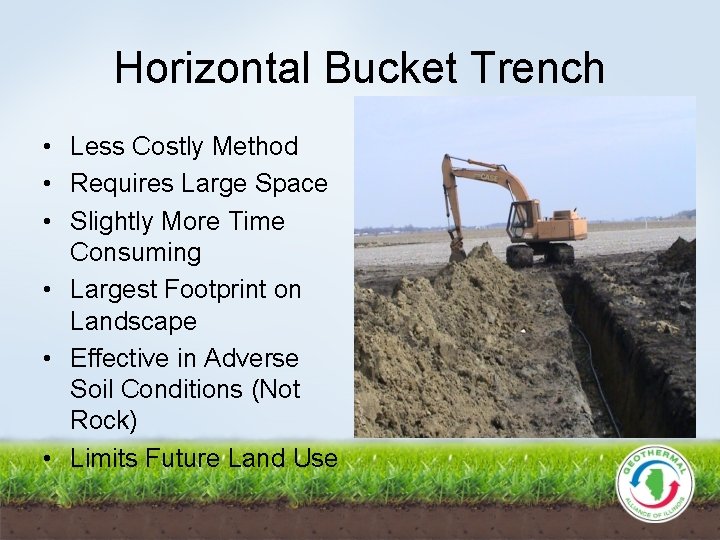 Horizontal Bucket Trench • Less Costly Method • Requires Large Space • Slightly More