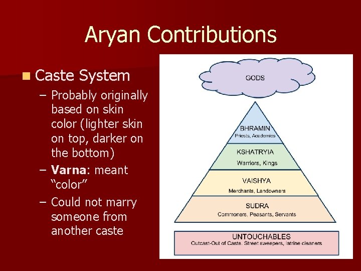 Aryan Contributions n Caste System – Probably originally based on skin color (lighter skin