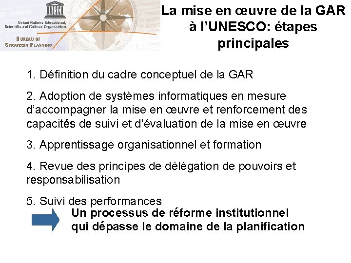 La mise en œuvre de la GAR à l’UNESCO: étapes principales 1. Définition du